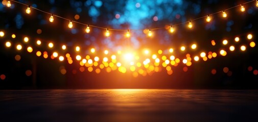 A warm, glowing ambiance created by hanging neon lights marquee during a summer evening gathering, inviting a sense of joy and celebration.