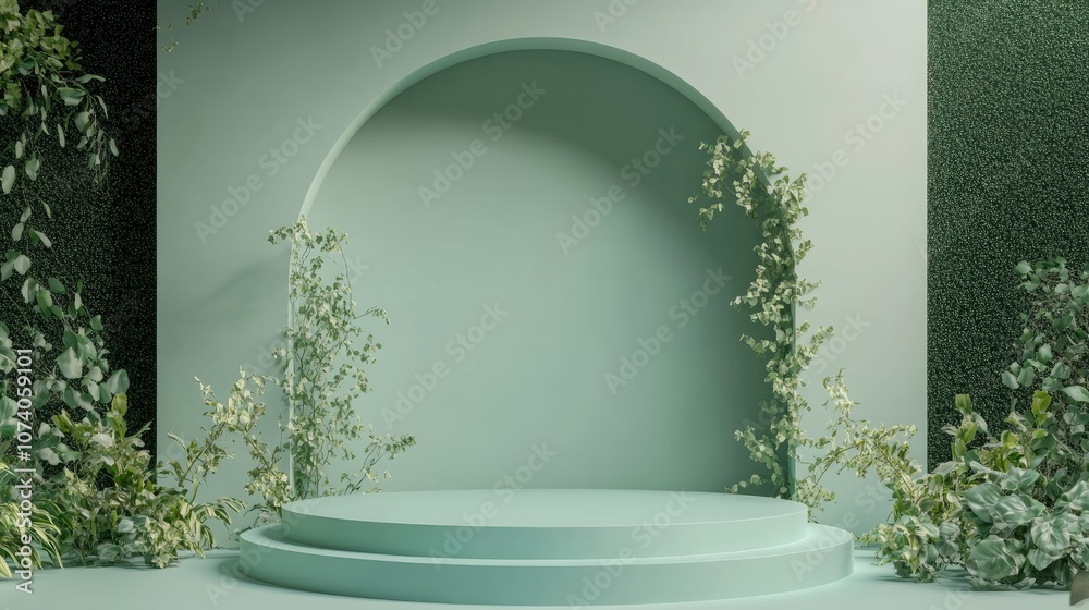 Aufkleber Empty podium display on green backdrop 3D rendering
