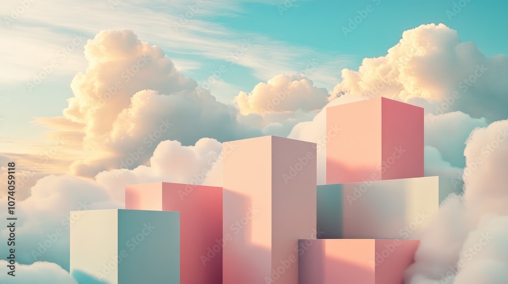 Poster Abstract 3D Shapes with a Soft Color Palette against a Cloudy Sky 3D Render