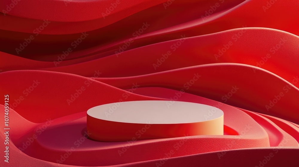 Poster 3d abstract background in traditional style featuring a product podium mockup on a vibrant red backd