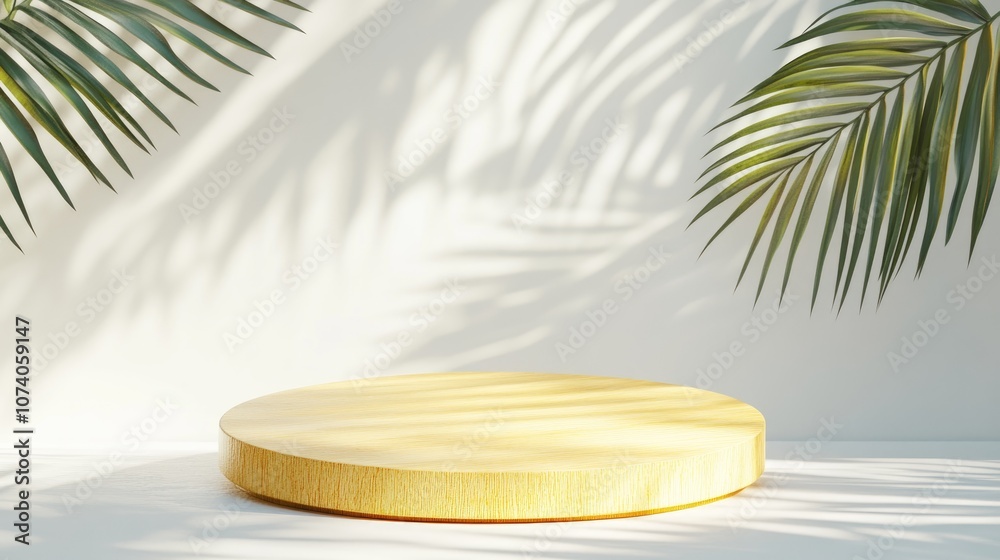 Poster yellow wooden podium in a clean white environment with leaf shadows background for product presentat