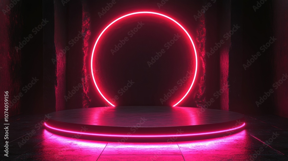 Aufkleber dark podium display background with neon laser red and pink lights and a circular metal wall in a bl