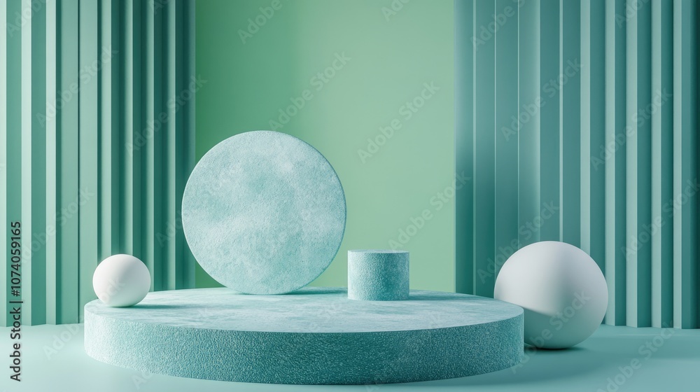 Poster minimalist scene featuring a corner podium with an abstract backdrop geometric shapes set against a 