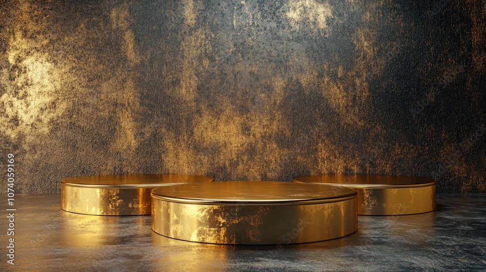 Poster Gold pedestals and product display platforms background visuals 3D computer graphics 3D renderings
