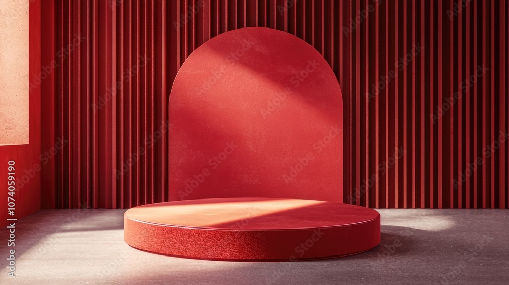 Poster 3d rendered background featuring a striking red studio podium designed for promotional product displ