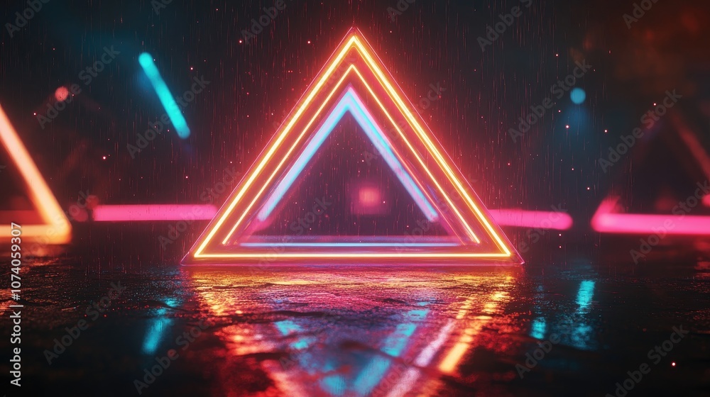 Fototapete Colored neon glowing inverted pyramid in darkness 3D rendering Abstract helium delta at the vertex with luminous lines Triangular diode frame illuminated by lasers 3D illustration