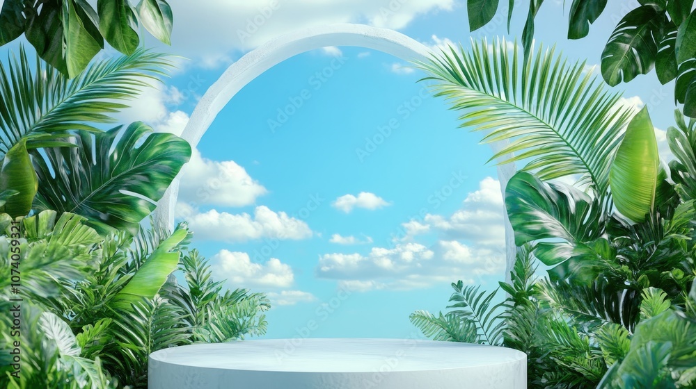 Poster 3D rendering of an abstract podium display featuring tropical leaves and a blue sky with clouds creating a scene for product promotion and advertising against a soft blue background