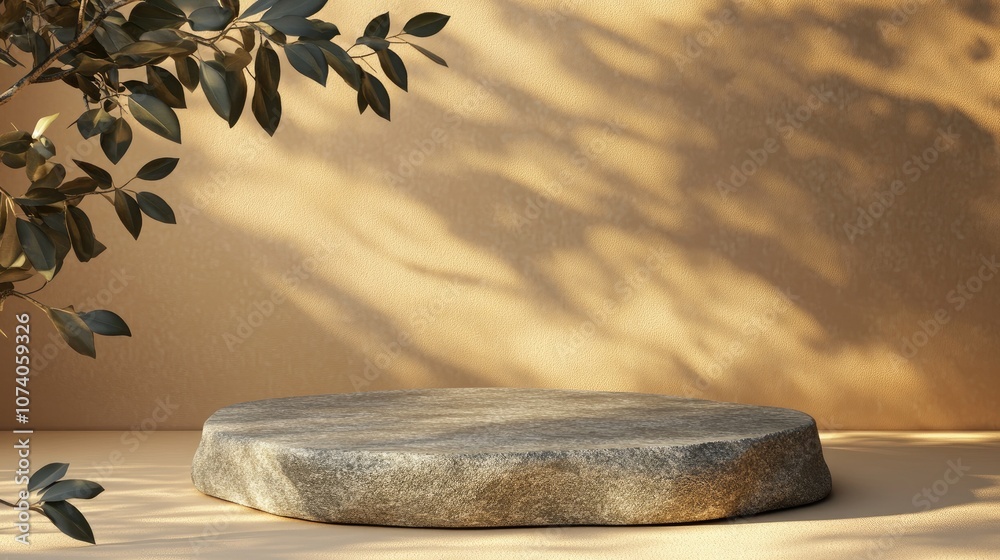 Poster Stone product display podium with shadow and natural leaves on a brown background 3D rendering