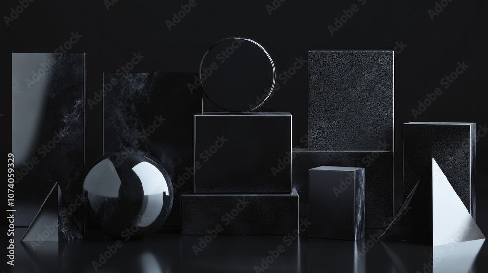 Aufkleber arrange geometric shapes featuring glossy black textures and reflective surfaces against a dark back