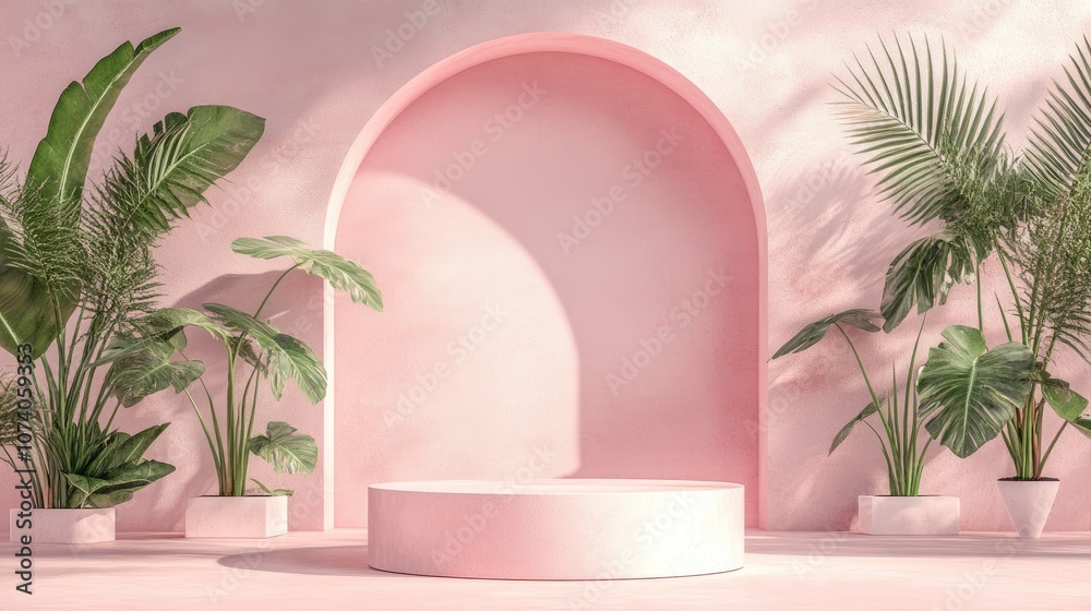 Poster minimalist 3d pink podium set against a soft pastel background featuring an abstract geometric shape