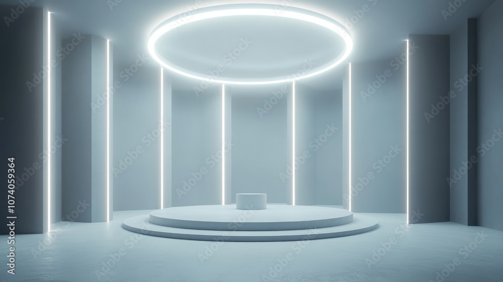 Fototapete contemporary empty hall featuring a central podium and circular lighting concept of performance and 
