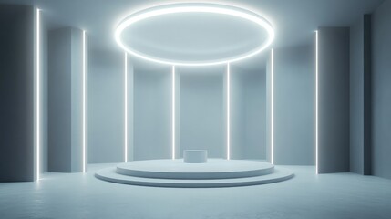 Contemporary empty hall featuring a central podium and circular lighting Concept of performance and presentation 3D rendering