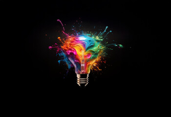 A lightbulb explodes with vibrant paint splatters, a burst of color and creativity.
