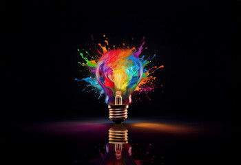 A light bulb with a burst of colorful paint explodes outward. The light bulb illuminates a dark background with its reflection.