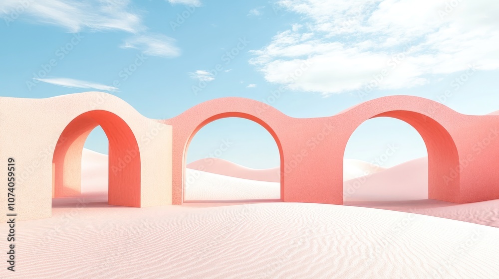 Poster 3D rendered abstract surreal pastel landscape featuring modern architecture and geometric arches vibrant dune scene with ample copy space complemented by a blue sky and clouds showcasing minimalis