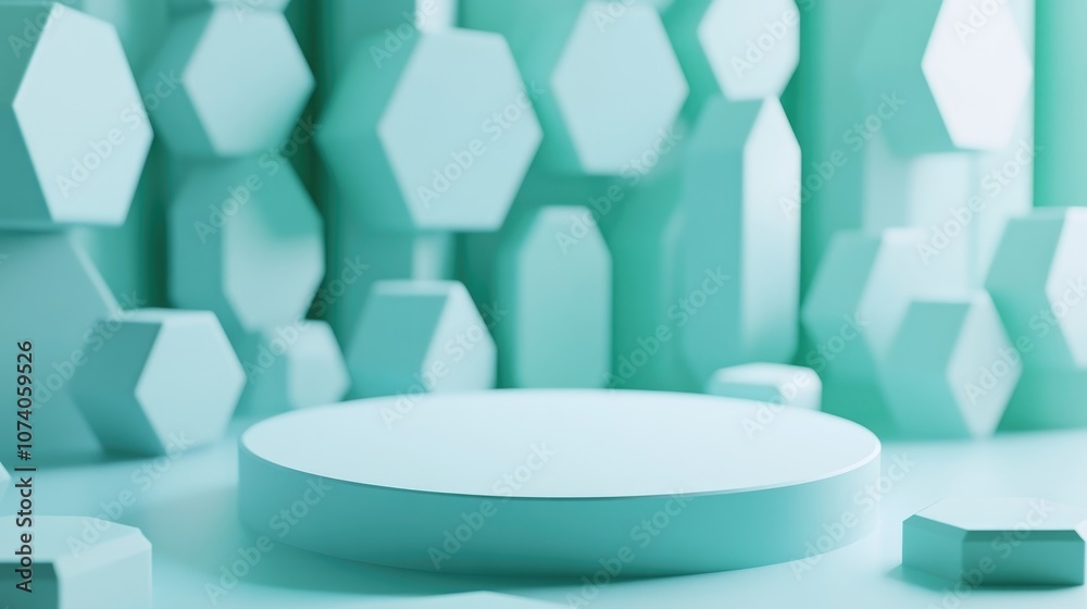 Aufkleber 3d minimal studio background featuring a blue green hexagon podium abstract geometric shape illustra