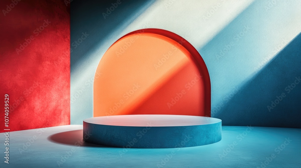 Aufkleber Minimalist composition featuring a podium against an abstract backdrop Geometric shapes in blue and red hues 3D rendering showcasing geometrical elements and a textured surface suitable for cosmet