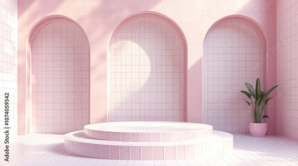 Poster Pastel pink and white tiled interior featuring a round podium for product display Empty space 3D rendering mock up