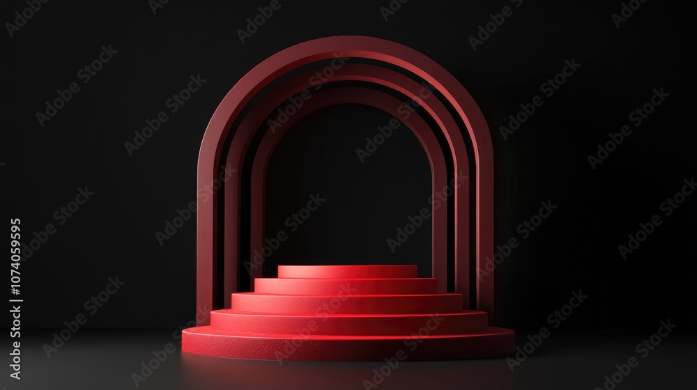 Poster pastel red cylindrical podium with steps set against a black background 3d render of an abstract geo