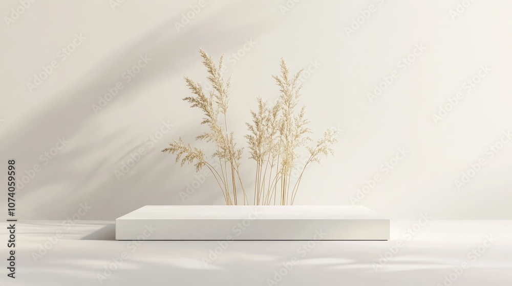 Poster Abstract minimal concept featuring an empty white stand with gold accents against a white background 3D rendering showcasing a luxurious minimalist layout Illustrations suitable for advertising