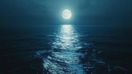 Silvery moonlight across sea expanse, ocean water surface with reflection, night casting blue toward horizon line