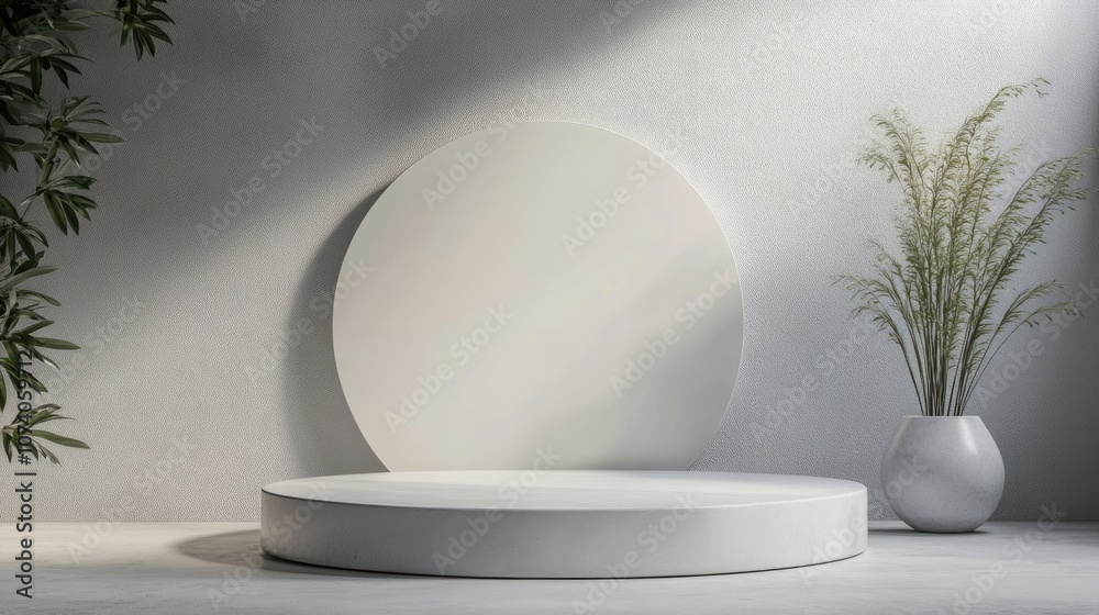 Poster 3D rendered background showcasing an elegant white and gray podium stand with a circular design for product mockups