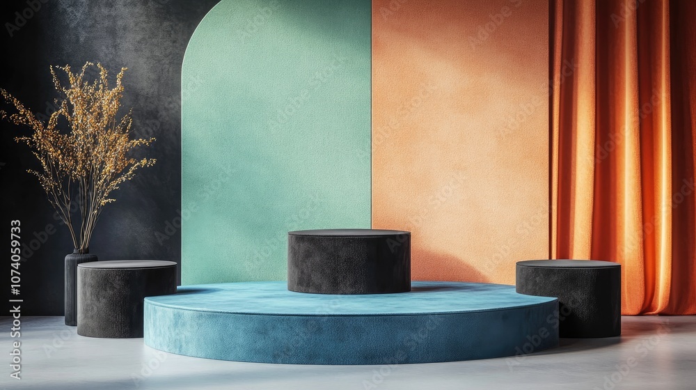 Poster cosmetic backdrop in black blue and orange with a premium podium for product showcasing branding and