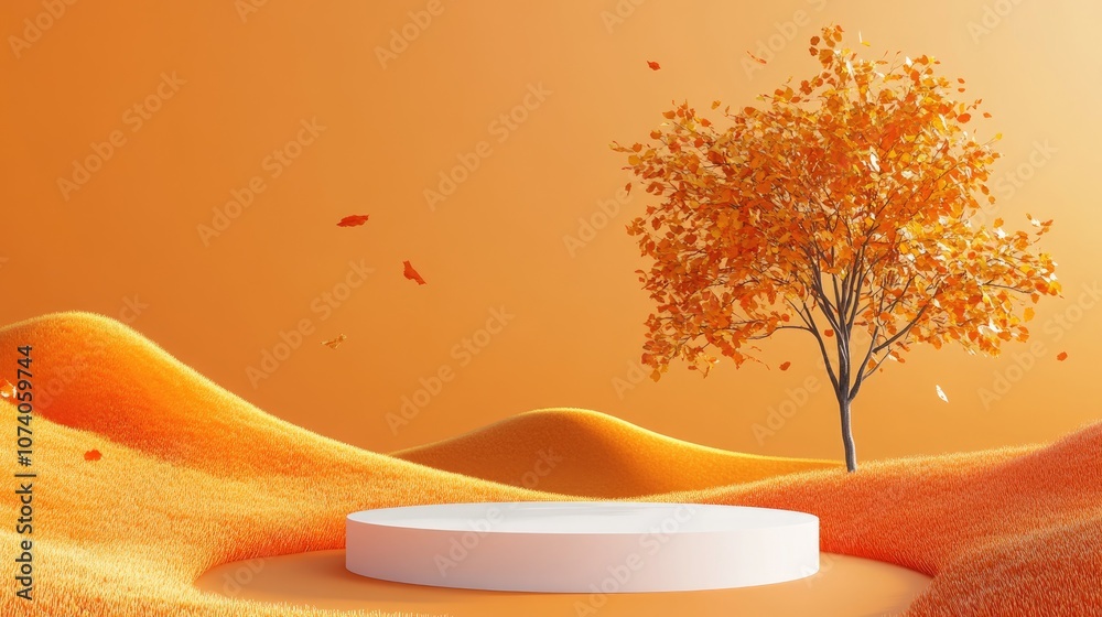 Poster Autumn themed background featuring a product presentation podium with a hill and tree on an orange backdrop 3D rendering