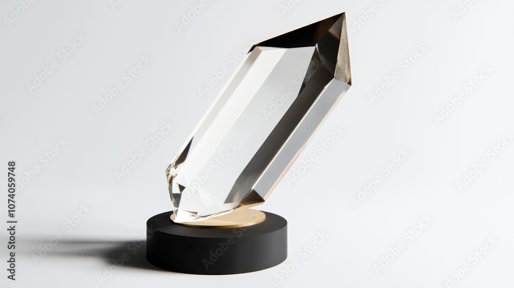 Poster transparent trophy or winner award angled view clear crystal or acrylic design on a dark pedestal fe