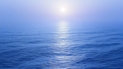 Obraz premium Silvery moonlight across sea expanse, ocean water surface with reflection, night casting blue toward horizon line