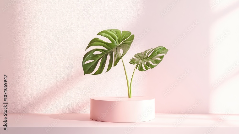 Poster Empty pink podium with monstera leaf in a white setting for contemporary stage presentation and minimalist mockup abstract display background 3D illustration or render concept