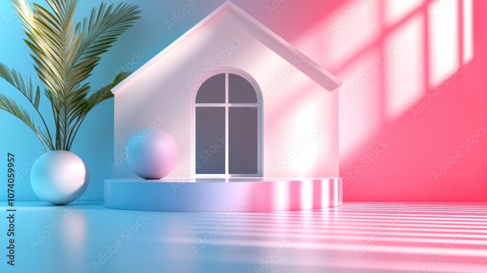 Aufkleber 3D rendering and illustration of an abstract pastel color scene featuring a home model on a geometric podium representing the concept of staying at home during a pandemic