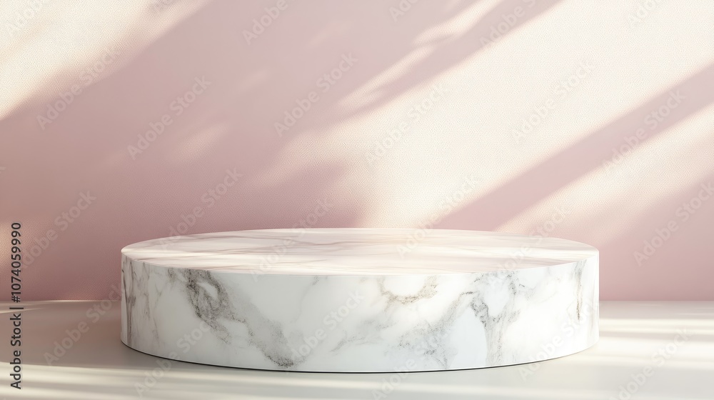 Aufkleber 3D podium display platform with marble stone texture Cosmetic product background with pastel shadows on a minimalistic stage featuring an empty pedestal mockup in an abstract studio setting