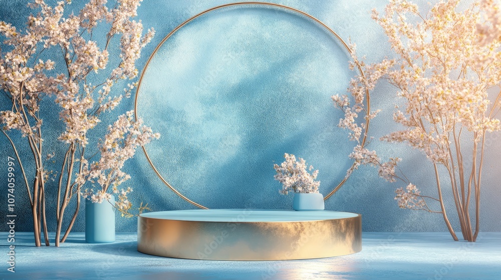Aufkleber 3D rendering featuring a blue and gold podium within a minimal abstract background showcasing a geometric shape in pastel tones ideal for product display