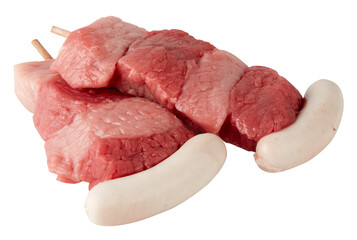 Fresh pork sausage on skewers cut out isolated transparent background