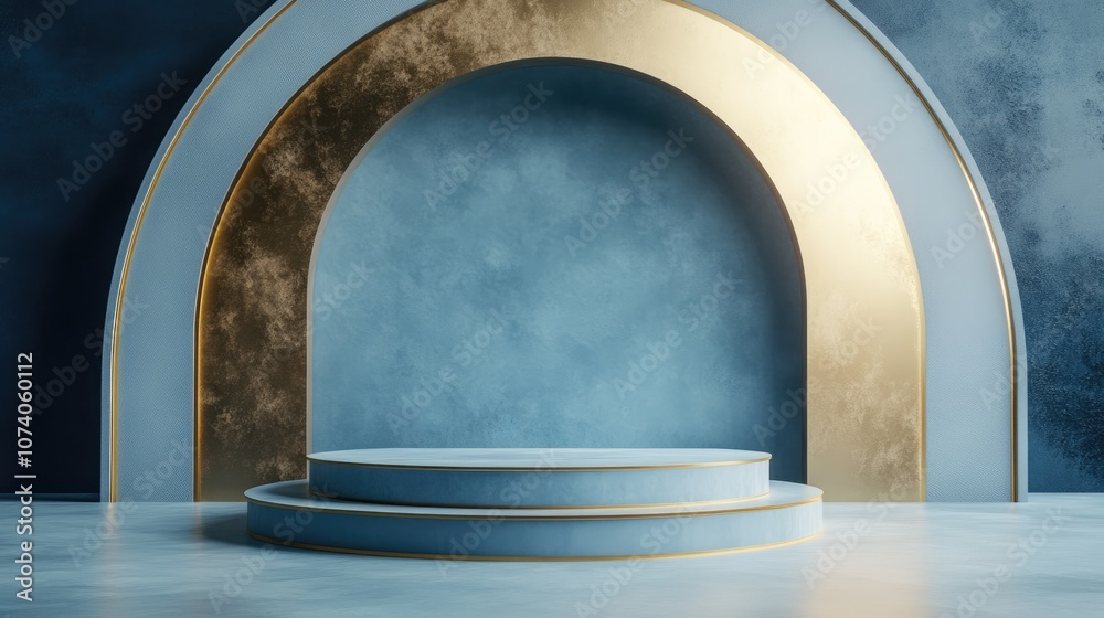 Poster abstract blue background with podium in 3d rendering