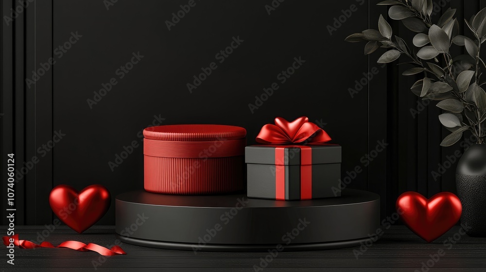Poster 3D rendering of a Valentine s Day mock up podium display featuring a three dimensional gift box and a red heart on a black background presented as a horizontal image wallpaper