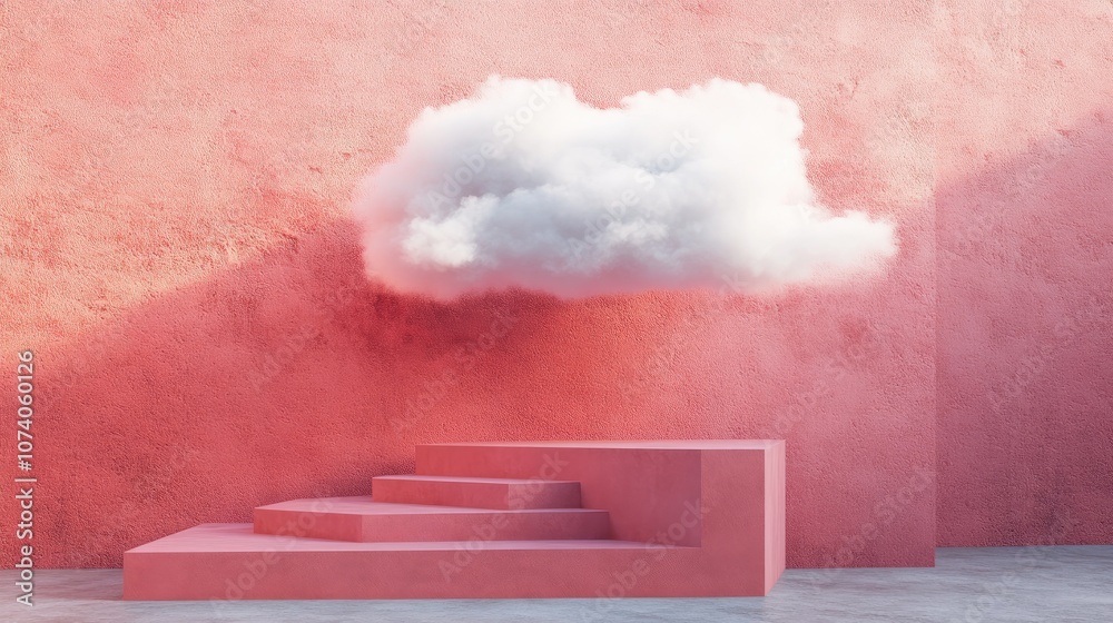 Poster 3D rendering of an abstract urban minimal background featuring a white cloud hovering over pedestal steps showcasing modern architecture and pink stylish wallpaper