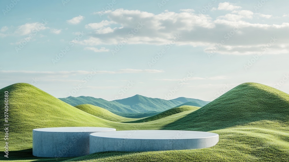 Poster 3d render of an abstract panoramic background featuring a minimalist landscape with green hills and 