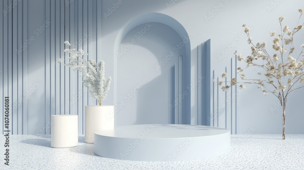 Poster minimalistic podium with an abstract backdrop in soft blue pastel hues 3d rendering