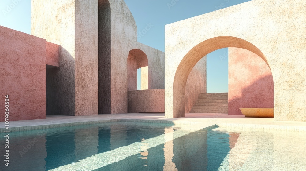 Poster abstract composition featuring geometric shapes an archway and a swimming pool under natural dayligh