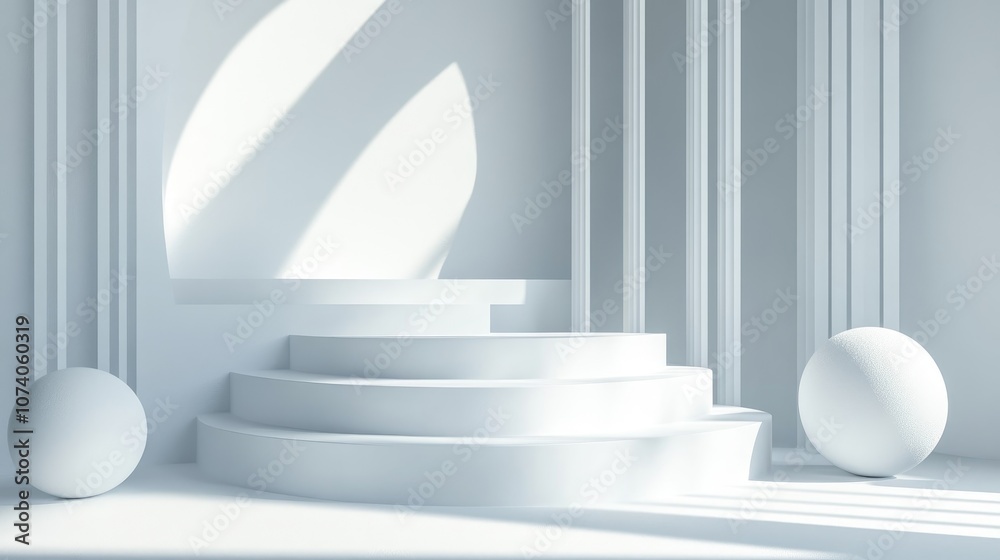 Poster White podium with geometric shape on a white background designed for product display 3D rendering