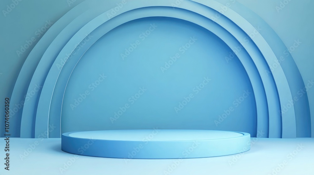 Poster blue podium pedestal on an empty display featuring a blue pastel backdrop 3d rendering