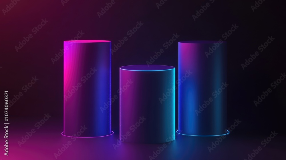 Poster 3d purple and blue neon light cylinder podium set against a minimal dark gradient background abstrac