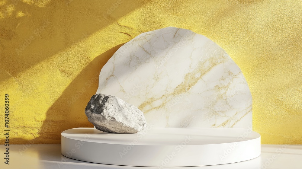 Poster 3D rendering of a white podium featuring a stone on a yellow backdrop Elegant minimalist setting for product showcase Circular white platform with a marble wall in a studio environment