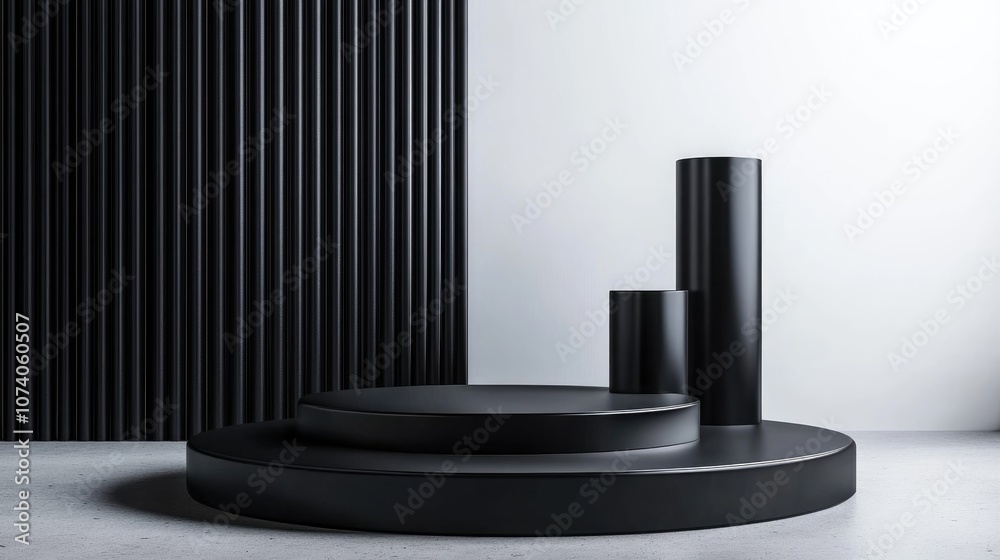 Poster 3D showcase podium featuring a geometric platform and cylindrical stand Commercial backdrop with modern minimalistic geometric forms 3D rendering