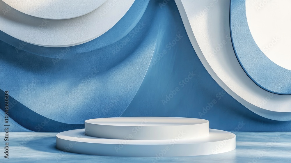 Poster Blue and white 3D rendering of a blank podium with an abstract modern background