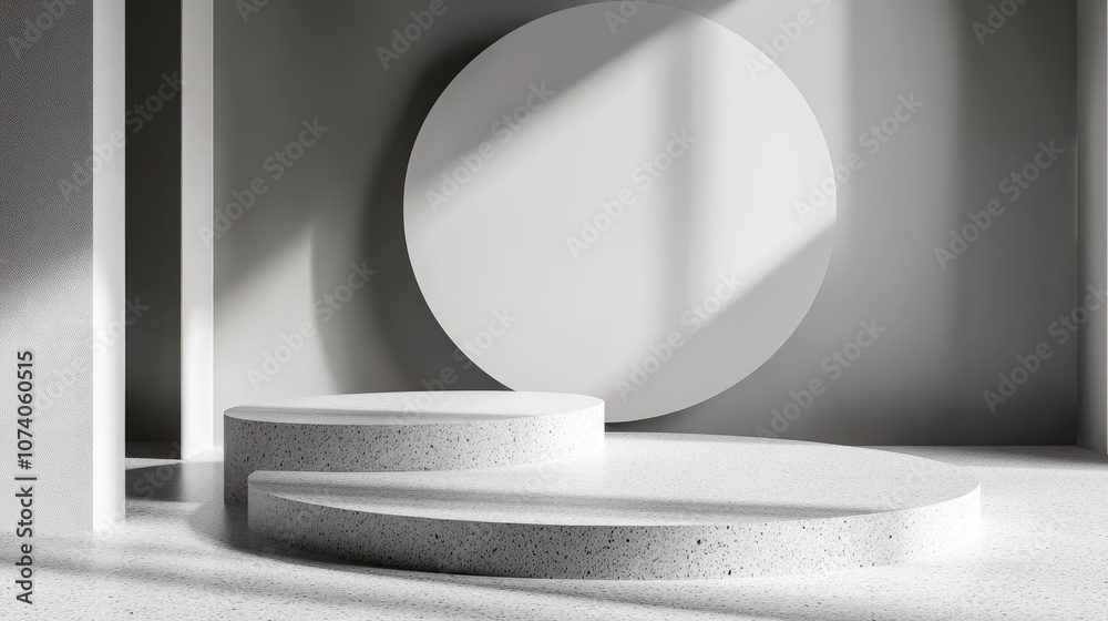 Poster 3D rendering studio featuring geometric shapes and a podium on the floor Platforms designed for product presentation with a mock up background Abstract composition in a minimalist style
