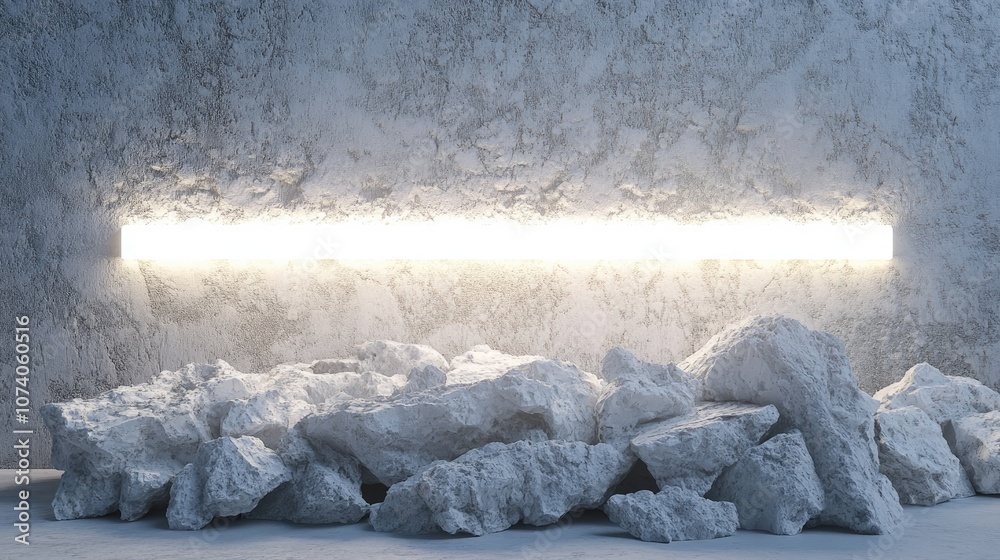 Poster 3D rendering of white stone wall fragments with textured edges illuminated by neon white light set against a birch backdrop featuring rubble stone slabs for a product display background