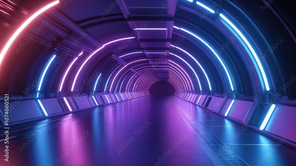 Aufkleber Futuristic neon glowing curved lines in blue and purple featuring vibrant soft light in a sleek metallic environment resembling an alien spaceship hangar or hallway 3D rendering illustration
